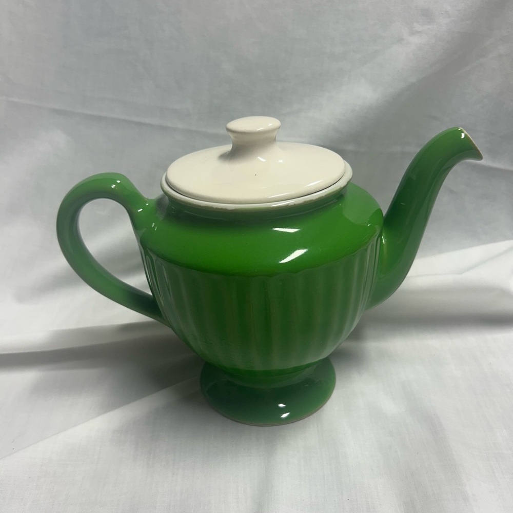 Vintage Hall Teapot Ribbed Emerald Green White Lid